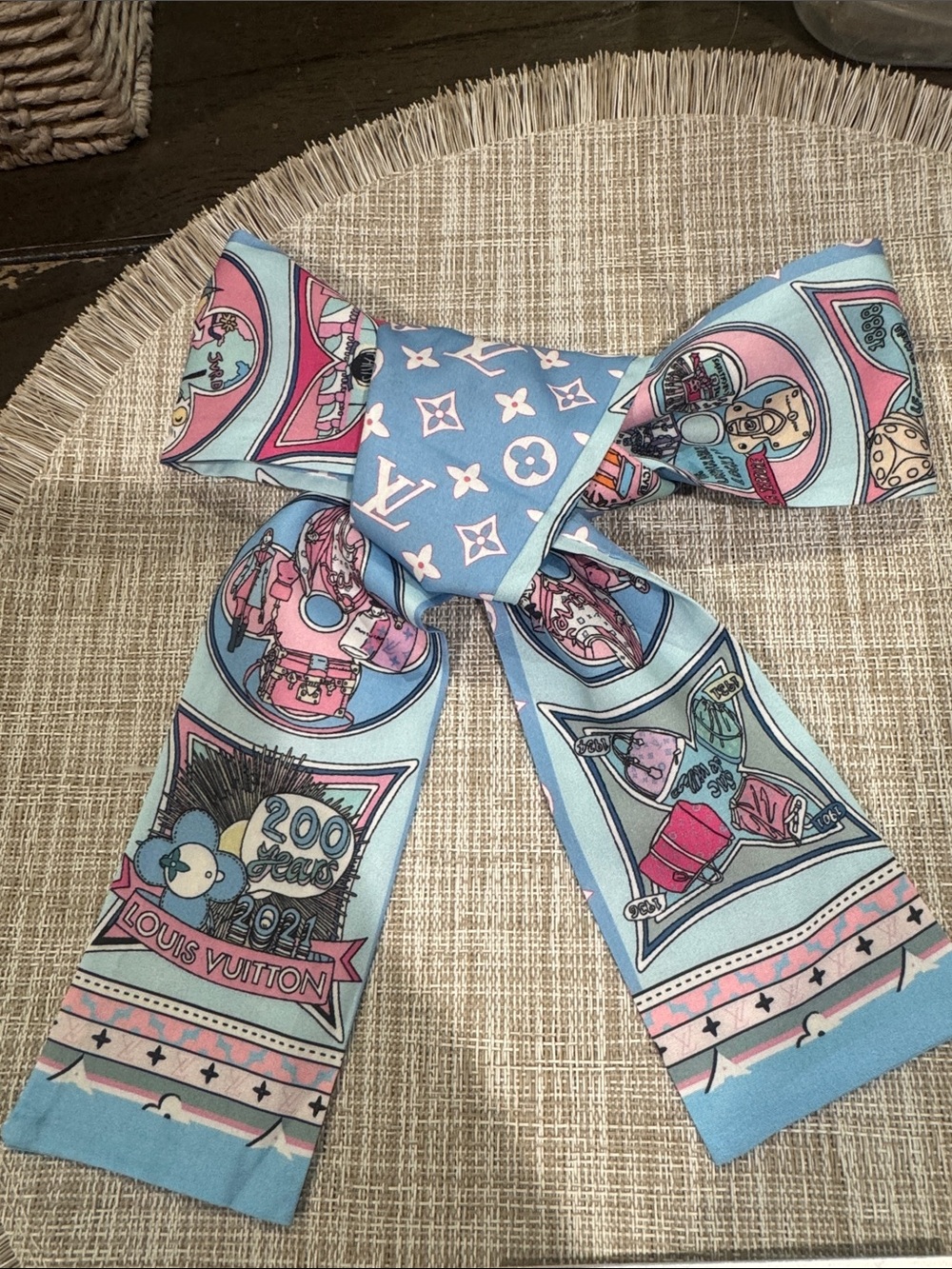 Blue & Pink Silk Bow Scarf Accent